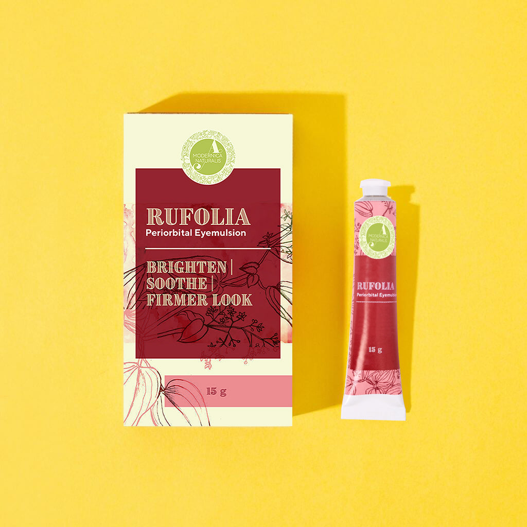 Rufolia Emulsie Periorbitală pentru Ochi - Luminare, calmare și fermitate pentru zona de sub ochi, cu Manjistha, Aloe Vera, Niacinamidă și Acid Hialuronic (Rufolia Periorbital Eyemulsion - Brighten, Soothe and Firm Under-Eyes)