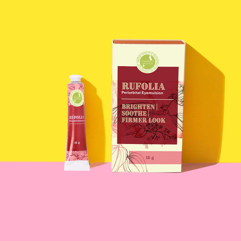 Rufolia Emulsie Periorbitală pentru Ochi - Luminare, calmare și fermitate pentru zona de sub ochi, cu Manjistha, Aloe Vera, Niacinamidă și Acid Hialuronic (Rufolia Periorbital Eyemulsion - Brighten, Soothe and Firm Under-Eyes)