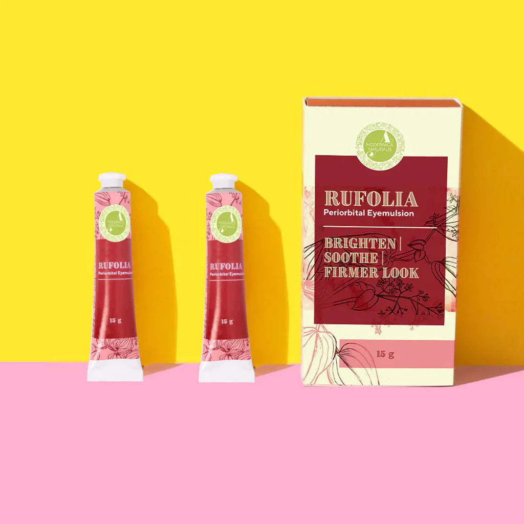 Rufolia Emulsie Periorbitală pentru Ochi - Luminare, calmare și fermitate pentru zona de sub ochi, cu Manjistha, Aloe Vera, Niacinamidă și Acid Hialuronic (Rufolia Periorbital Eyemulsion - Brighten, Soothe and Firm Under-Eyes)