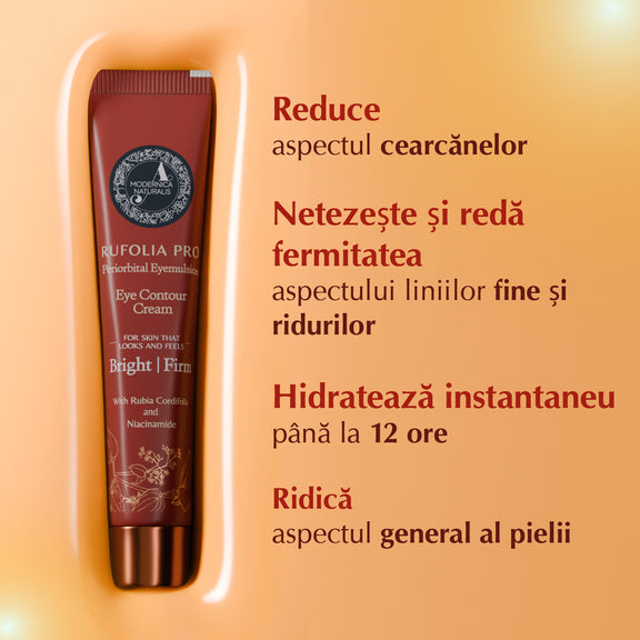 Rufolia PRO Periorbitală pentru Ochi - Cremă contur de ochi – Luminare, calmare și fermitate pentru zona de sub ochi, cu Manjistha, Aloe Vera, Niacinamidă și Acid Hialuronic (Rufolia Periorbital Eyemulsion - Brighten, Soothe and Firm Under-Eyes)